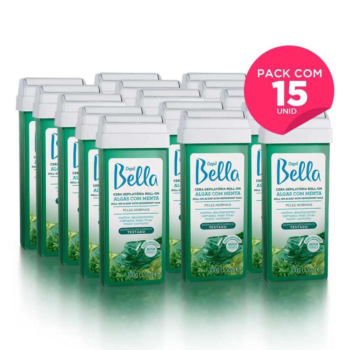 kit com 15 - Refil Cera Quente Depilatória Roll-On Algas com Menta Deo 100 g Depil Bella