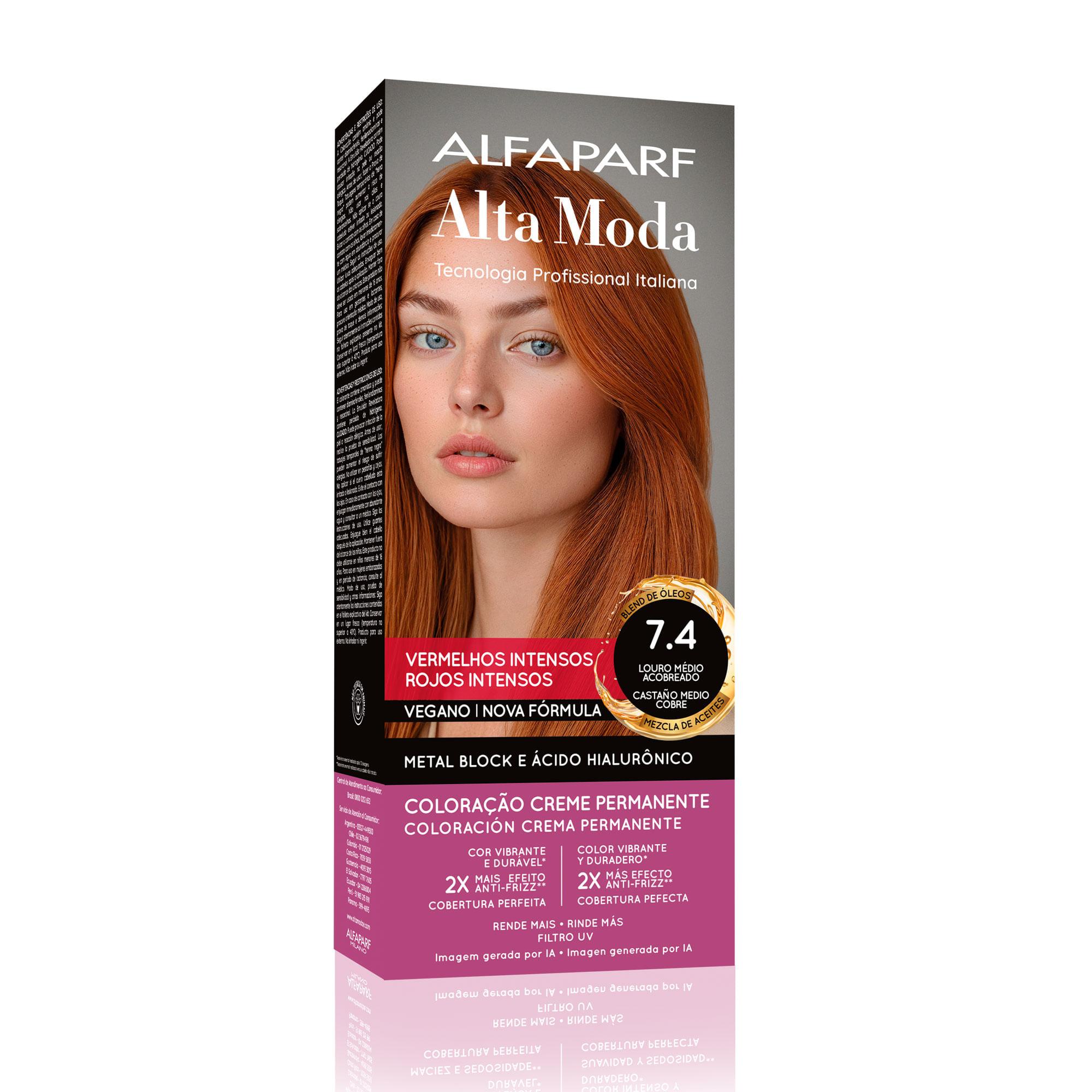 Coloração Creme Permanente Médio Acobreado 7.4 Alfaparf Alta Moda 150g